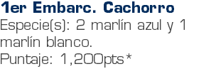 1er Embarc. Cachorro Especie(s): 2 marlín azul y 1 marlín blanco. Puntaje: 1,200pts*