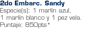 2do Embarc. Sandy Especie(s): 1 marlín azul, 1 marlín blanco y 1 pez vela. Puntaje: 850pts*