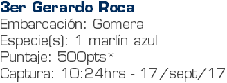 3er Gerardo Roca Embarcación: Gomera Especie(s): 1 marlín azul Puntaje: 500pts* Captura: 10:24hrs - 17/sept/17